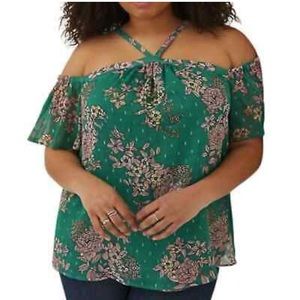 Torrid Kelly Green Floral Cold Shoulder Sparkle Blouse Top Size 2